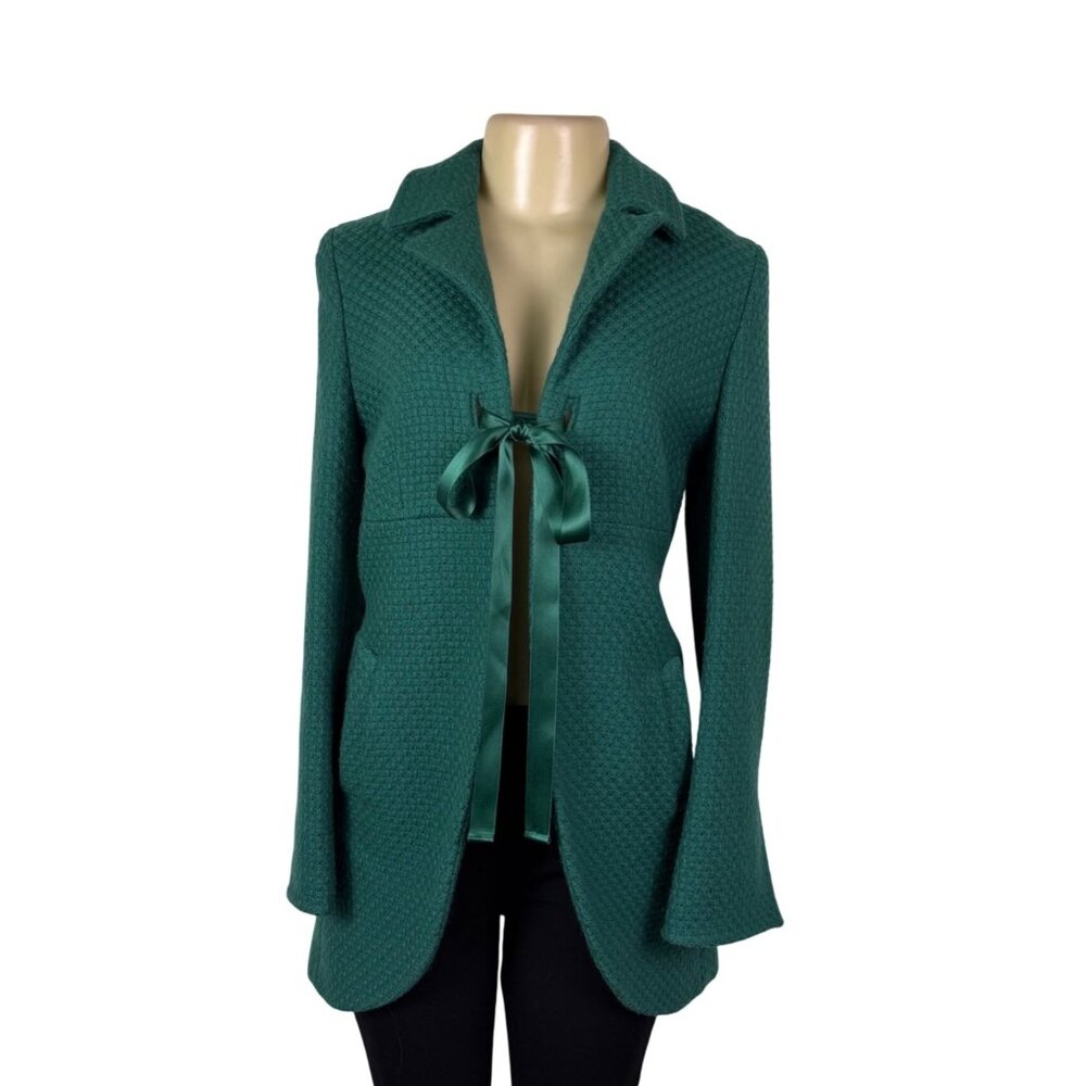 Kristina Ti Green Waffle Coat With Satin Ribbon Tie Waist Made In Italy Size M